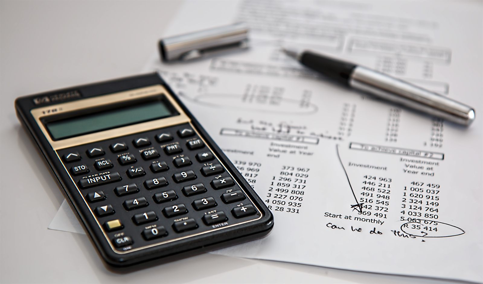 A calculator and budget papers on a desk.